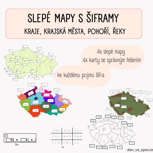 Slepé mapy vodstva, krajů, krajských měst a pohoří (s šiframi)  1