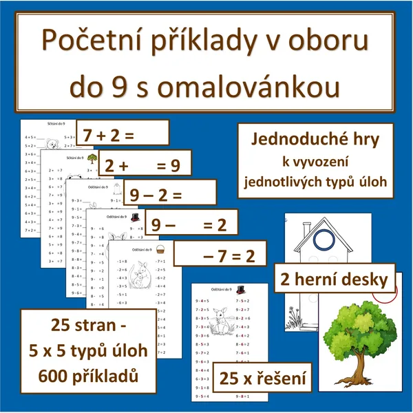 Početní příklady v oboru do 9 s omalovánkou 1