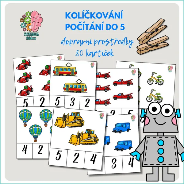 Kolíčkování - počítání do 5, dopravní prostředky 1