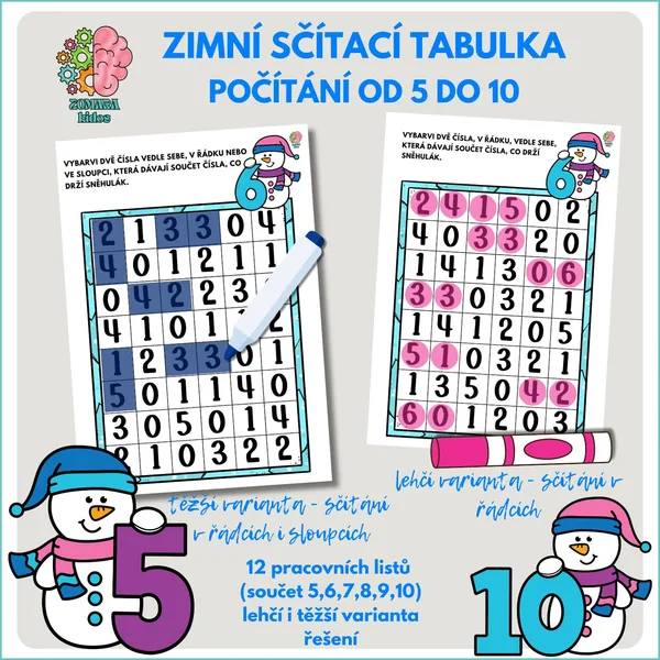 Zimní sčítací tabulka - počítání od 5 do 10 1