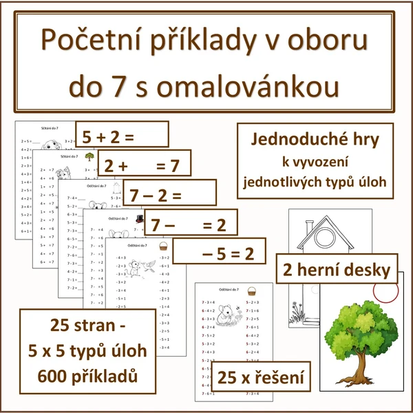 Početní příklady v oboru do 7 s omalovánkou 1