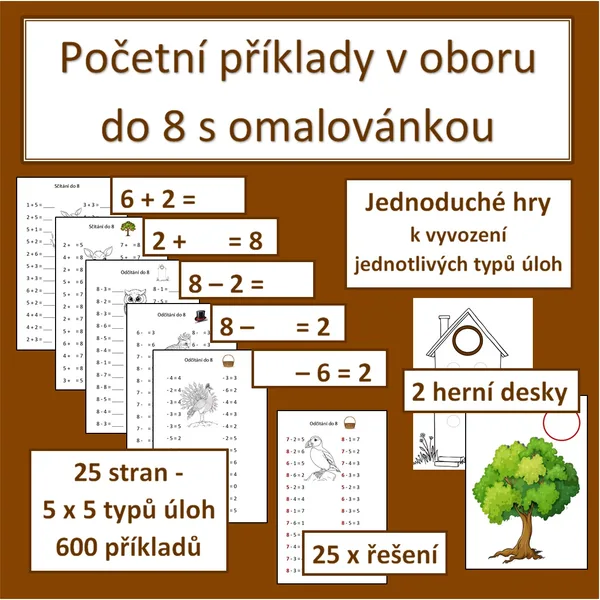 Početní příklady v oboru do 8 s omalovánkou 1