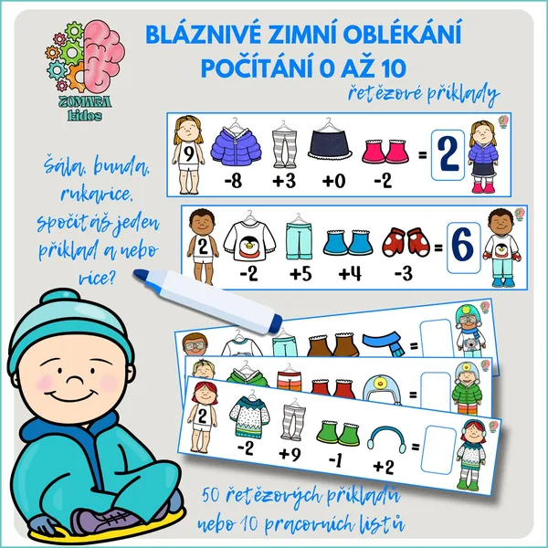 Počítání do 10, řetězové příklady - bláznivé zimní oblékání 1