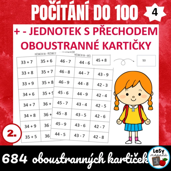 Počítání do 100, přičítání a odčítání jednotek s přechodem - oboustranné kartičky 1