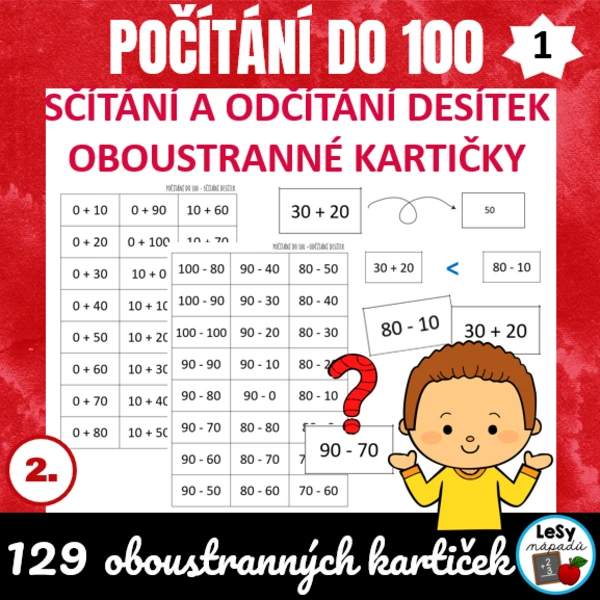 Počítání do 100, sčítání a odčítání desítek - oboustranné kartičky 1