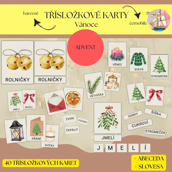 Třísložkové karty - advent a Vánoce (+ abeceda a slovesa) 1