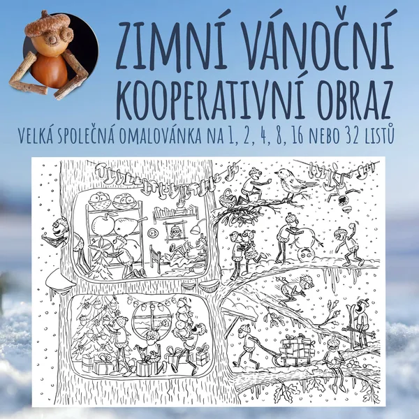 Zimní vánoční kooperativní obraz s dubánky 1