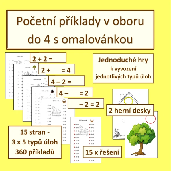 Početní příklady v oboru do 4 s omalovánkou 1