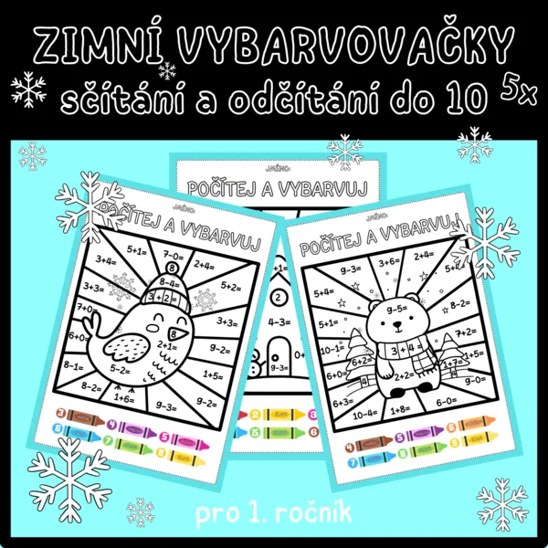 Zimní vybarvovačky - sčítání a odčítání do 10 1