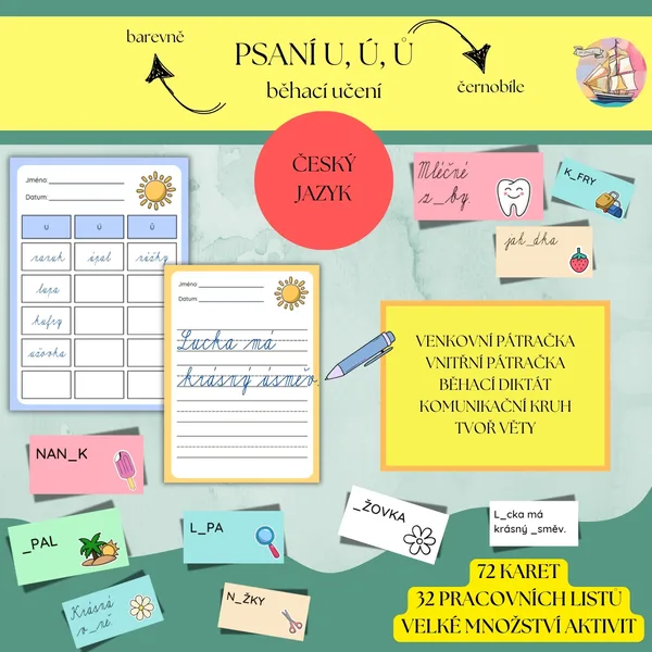 Psaní u, ú, ů - běhací učení 1