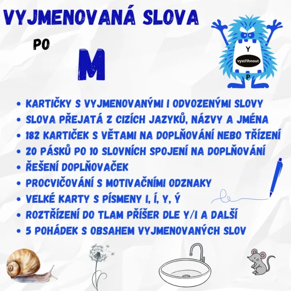 Vyjmenovaná slova po M - kartičky, testy, doplňování, významy slov 1