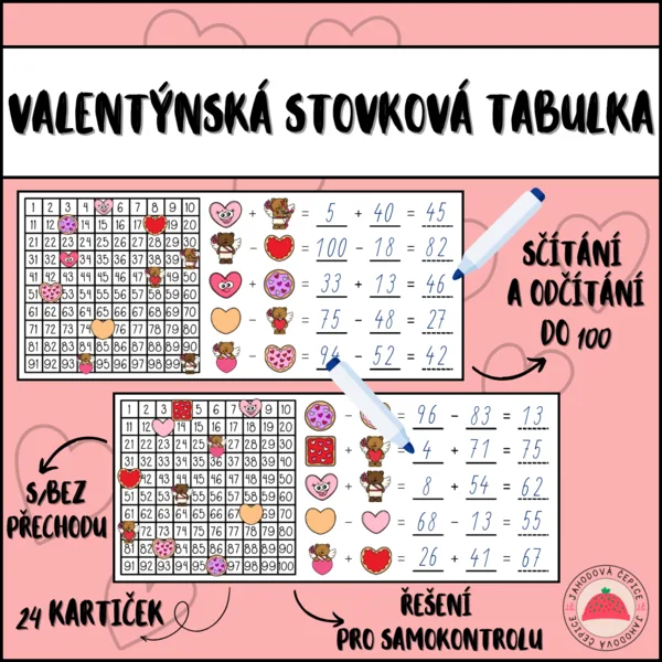 Valentýnská stovková tabulka: Sčítání a odčítání do 100 1