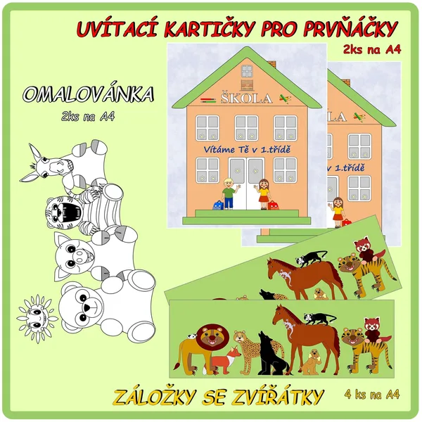 Uvítací kartičky pro prvňáčky, záložky a omalovánka 1