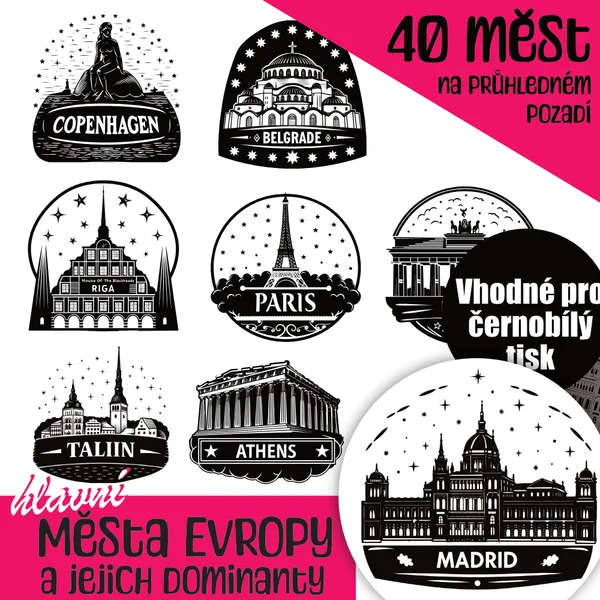Dominanty evropských měst set černobílých ilustrací 1