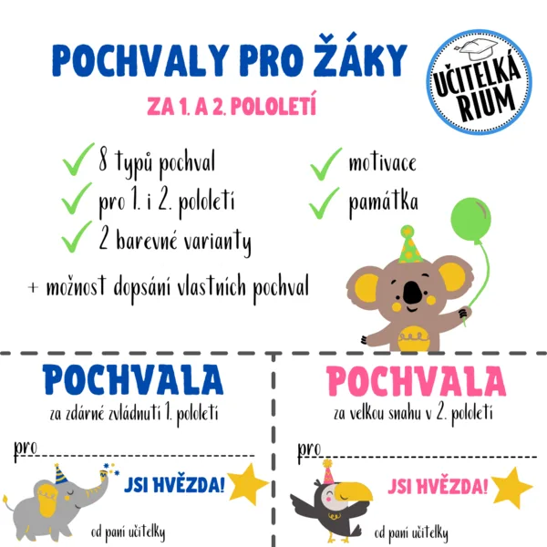 Pochvaly pro žáky za 1. i 2. pololetí - kartičky 1