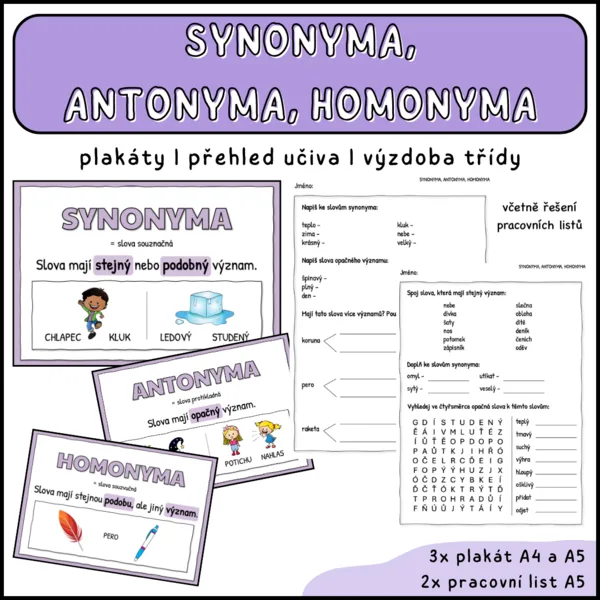 Synonyma, antonyma, homonyma - plakáty do třídy a pracovní listy 1