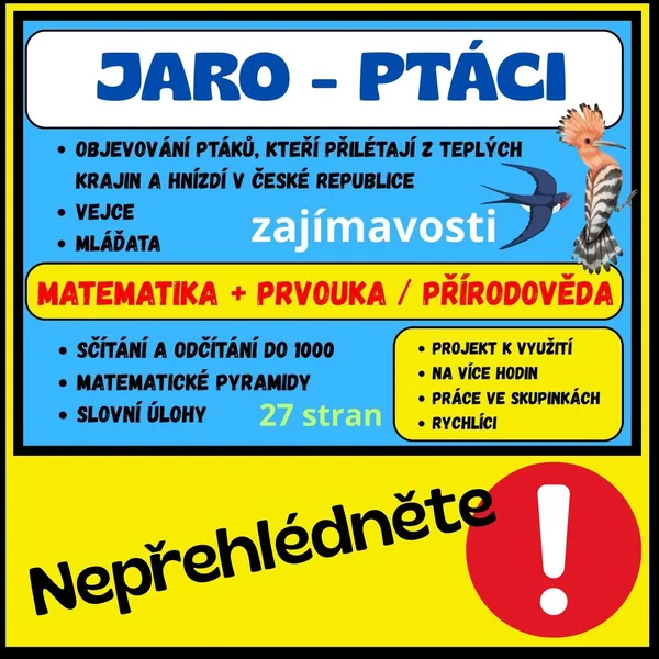 JARO - PTÁCI A MATEMATIKA - POZNÁVÁNÍ A HLEDÁNÍ MLÁĎAT - NUMERACE DO 1000 1