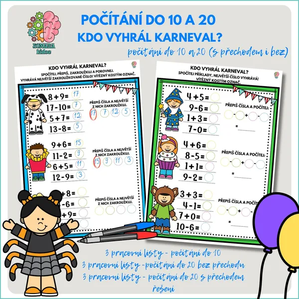 Kdo vyhrál karneval? Počítání do 10 a 20 (s přechodem i bez) 1