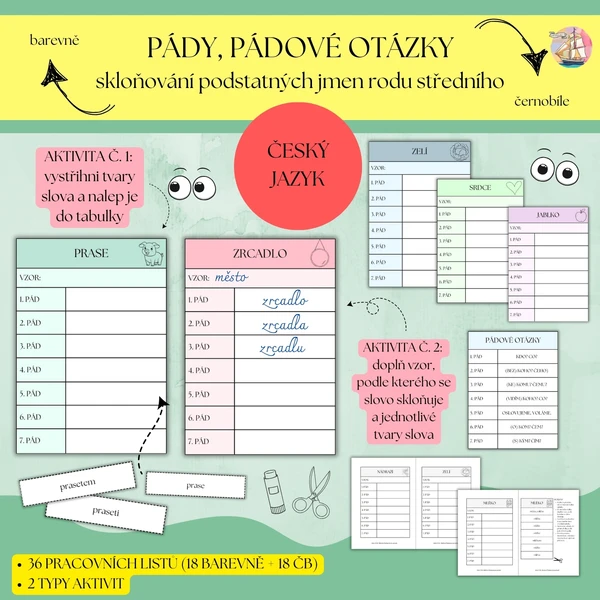 Skloňování podstatných jmen rodu středního - pády, pádové otázky 1