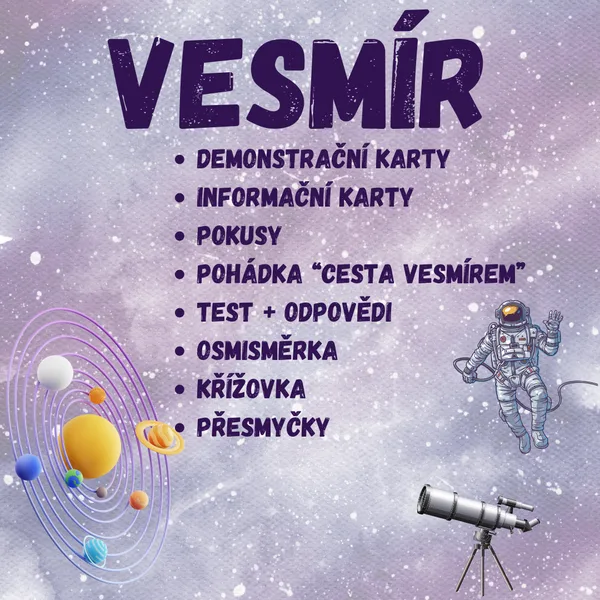 VESMÍR, sluneční soustava, planety - informační karty, pokusy, demonstrační karty, křížovky, přesmyčky, osmisměrka 1