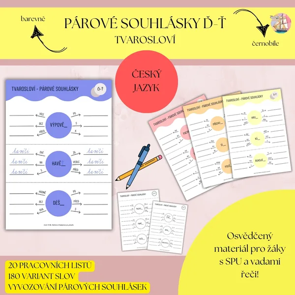 Párové souhlásky (spodoba znělosti) Ď-Ť - pracovní listy, tvarosloví 1