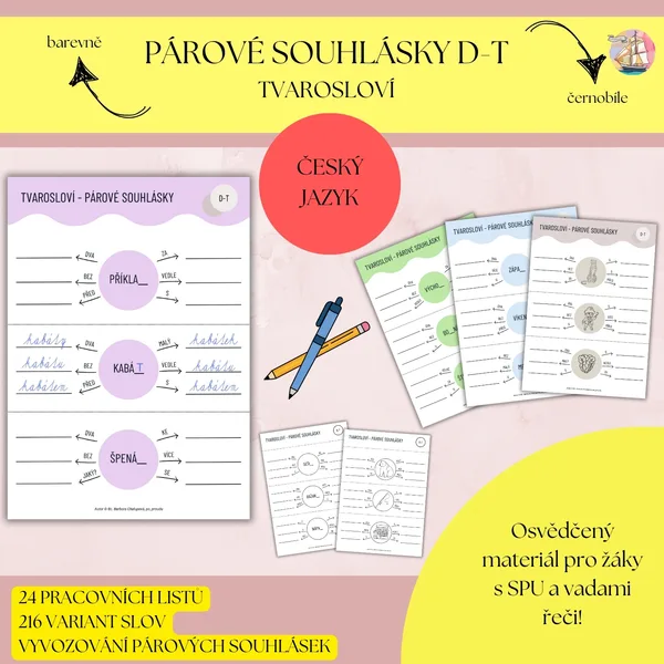 Párové souhlásky (spodoba znělosti) D-T - pracovní listy, tvarosloví 1