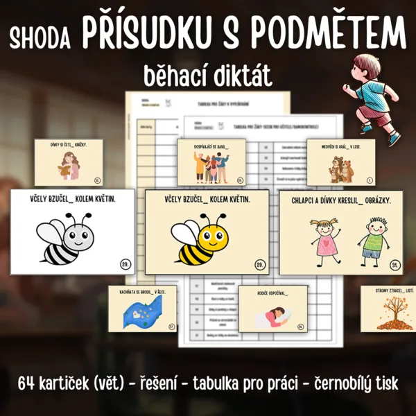 SHODA PŘÍSUDKU S PODMĚTEM: běhací diktát (64 kartiček) 1
