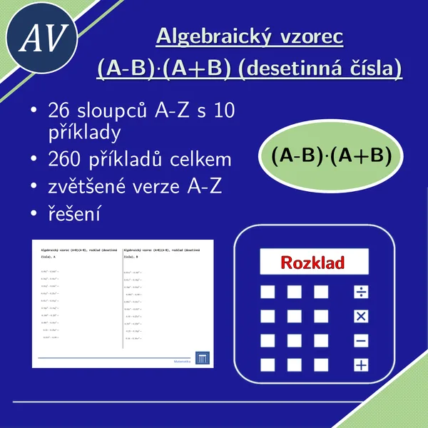 Algebraický vzorec (A+B)(A-B), rozklad (desetinná čísla) | matematika, algebra | 26 sloupců 1