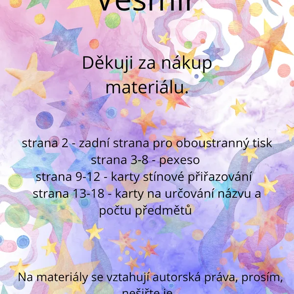 Vesmír - pexeso, stínové karty, kolíčkování počtu a prvního písmene  1