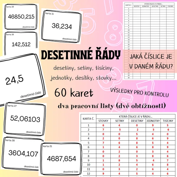DESETINNÉ ŘÁDY - urči číslici v daném řádu (kartičky a pracovní listy) 1