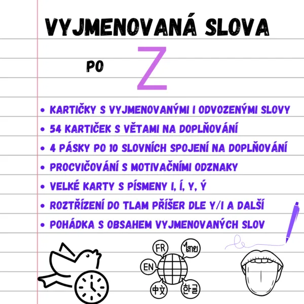 Vyjmenovaná slova po Z - kartičky, testy, doplňování, významy slov 1