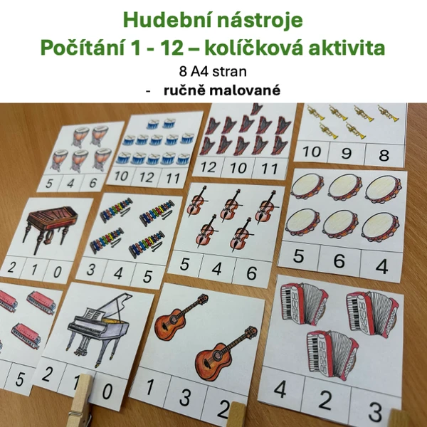 Počítání od 1 do 12 - kolíčková aktivita Hudební nástroje 1