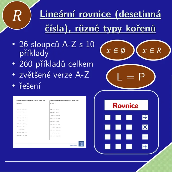 Lineární rovnice (desetinná čísla), různé typy kořenů | matematika, algebra | 26 sloupců 1