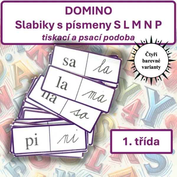 Slabiky s písmeny S L M N P — tiskací a psací podoba (DOMINO) 1