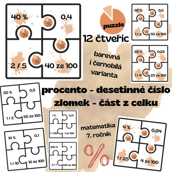 Procento - desetinné číslo - zlomek - část z celku (čtveřice - 48 karet ke spojení do 12 čtveřic) 1