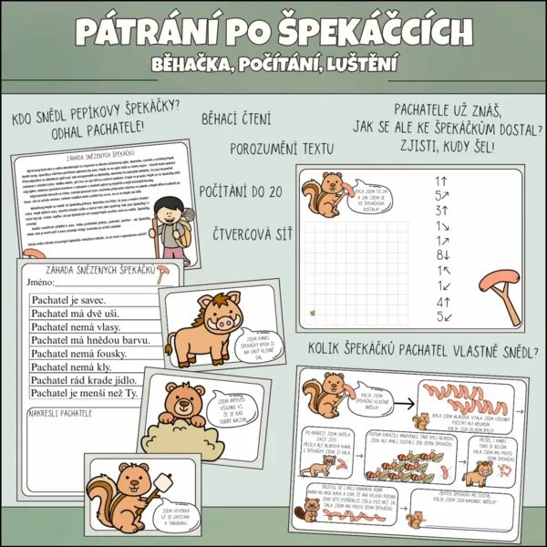 Pátrání po špekáčcích - běhací čtení, čtvercová síť, počítání do 20 s přechodem 1