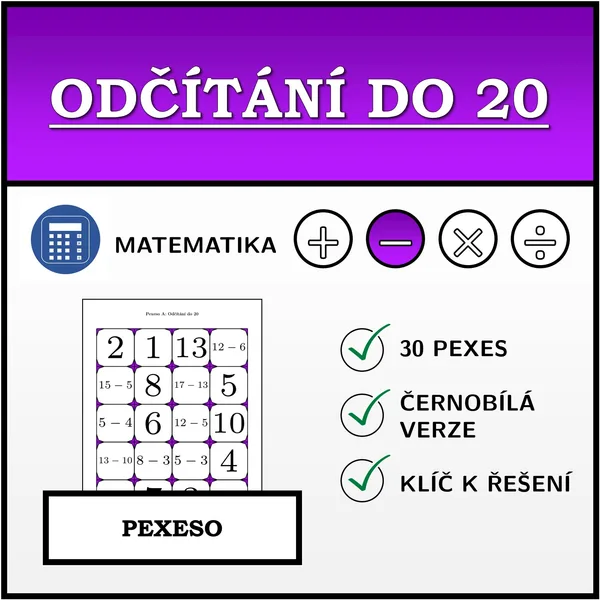 Pexeso - Odčítání do 20 | matematika 1
