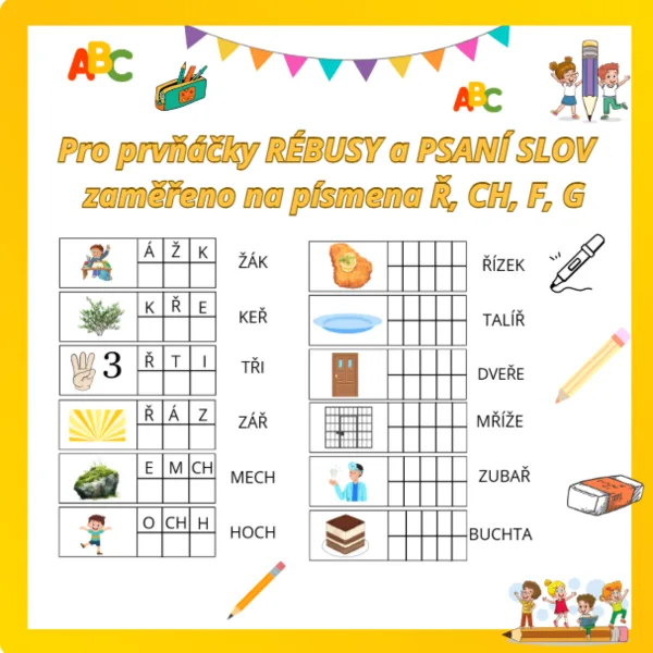 Psaní slov a rébusy s písmeny Ř, CH, F, G 1