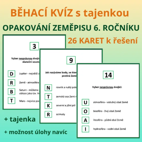 BĚHACÍ KVÍZ s tajenkou – OPAKOVÁNÍ ZEMĚPISU 6. ROČNÍKU 1