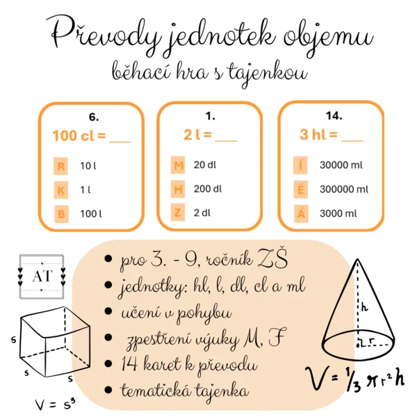 Převody jednotek objemu - běhací hra s tajenkou 1
