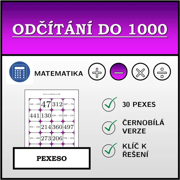 Pexeso - Odčítání do 1000 | matematika 1