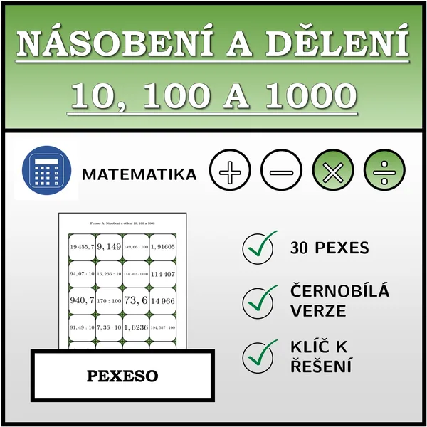 Pexeso - Násobení a dělení 10, 100 a 1000 | matematika 1