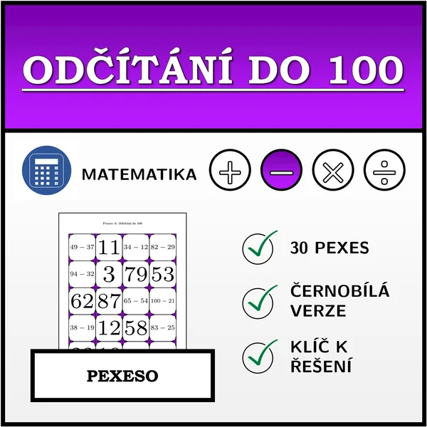 Pexeso - Odčítání do 100 | matematika 1