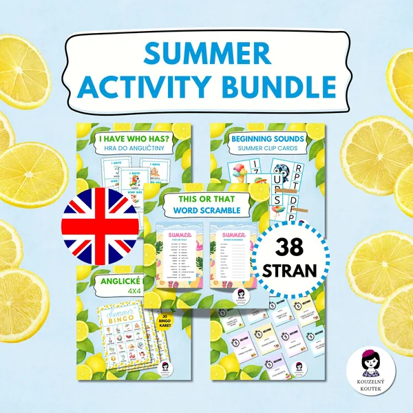 Anglický balíček aktivit - Summer activity bundle | Bingo | Word scramble | This or That | 5 second | I have who has 1