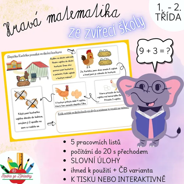 Hravá matematika ze zvířecí školy - slovní úlohy, počítání do 20 s přechodem 1