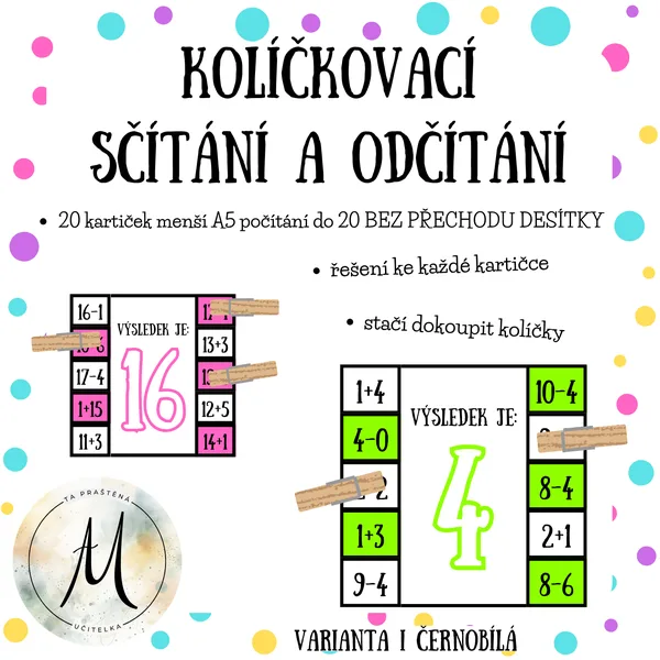 Kolíčkovací sčítání a odčítání do 20 bez přechodu desítky 1