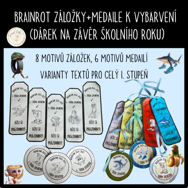 Brainrot záložky + medaile k vybarvení (dárek na závěr školního roku) 1