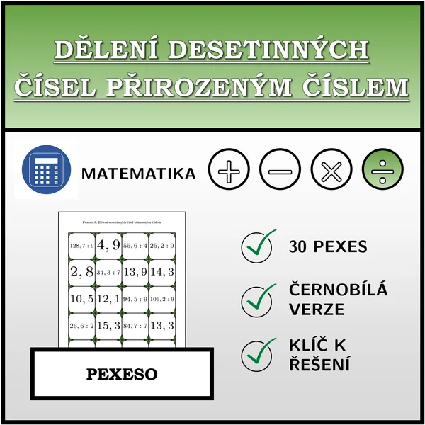 Pexeso - Dělení desetinných čísel přirozeným číslem | matematika 1