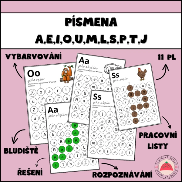 Písmena A,E,I,O,U,M,L,S,P,T,J - bludiště - pracovní listy 1