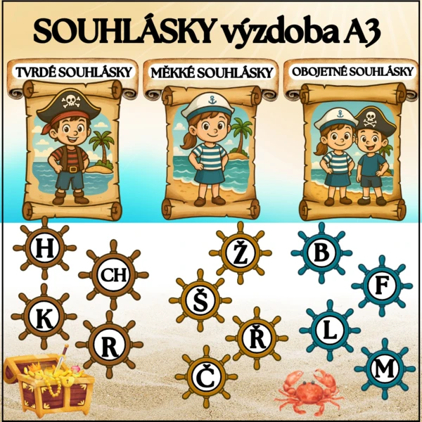 SOUHLÁSKY tvrdé, měkké, obojetné - výzdoba moře, piráti, námořníci  1